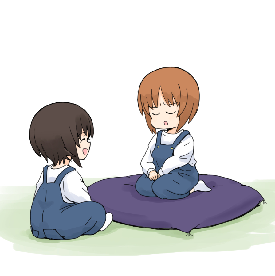 2girls aged_down bangs blue_overalls brown_hair closed_eyes cushion frown girls_und_panzer imitating indoors laughing long_sleeves multiple_girls mutsu_(layergreen) nishizumi_maho nishizumi_miho open_mouth overalls seiza shirt short_hair siblings sisters sitting smile socks white_shirt white_socks zabuton