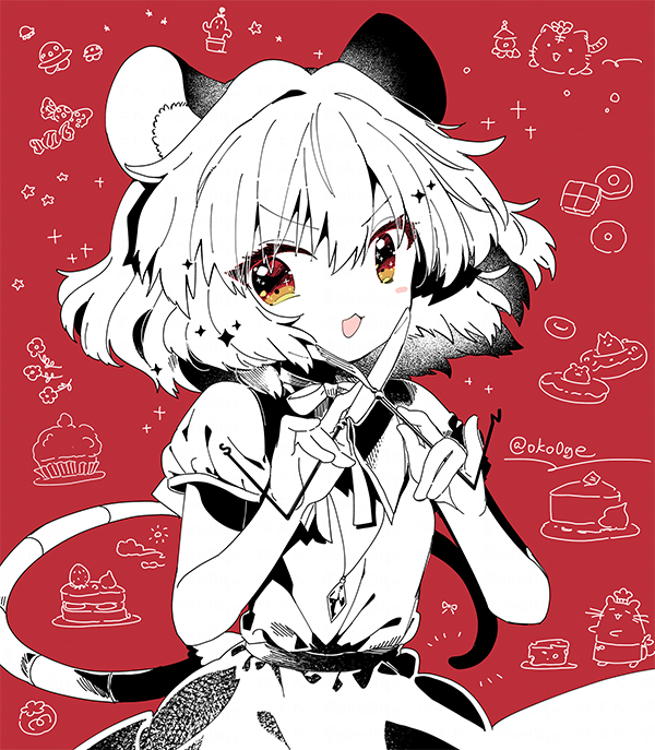 1girl :3 animal_ear_fluff animal_ears bangs biyon blush_stickers brown_eyes capelet commentary eyes_visible_through_hair food-themed_background fork greyscale greyscale_with_colored_background hair_between_eyes hair_intakes hands_up holding holding_fork holding_knife jewelry knife looking_at_viewer looking_to_the_side monochrome mouse_ears mouse_girl mouse_tail nazrin neck_ribbon necklace no_nose notice_lines open_mouth pendant puffy_short_sleeves puffy_sleeves red_background ribbon sash short_hair short_sleeves signature smile solo sparkle sparkling_eyes spot_color star_(symbol) symbol-only_commentary tail touhou twitter_username upper_body v-shaped_eyebrows w_arms