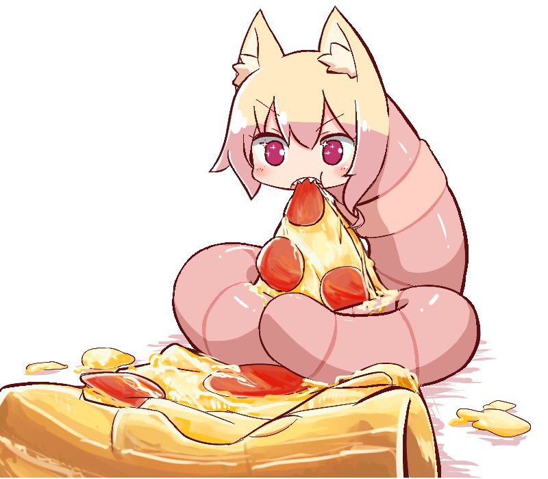 1girl angry animal_ear_fluff animal_ears animalization bangs blonde_hair blush borrowed_character cheek_bulge cheese commentary commission determined eating english_commentary eyebrows_visible_through_hair food fox_ears fox_girl fox_tail furrowed_brow hair_between_eyes holding holding_food holding_pizza human_head kemomimi-chan_(naga_u) light_blush long_hair maqinpu naga_u_(style) open_mouth original pepperoni pink_eyes pizza pizza_slice red_eyes sharp_teeth shiny shiny_hair shiny_skin simple_background solo sparkling_eyes teeth white_background worm