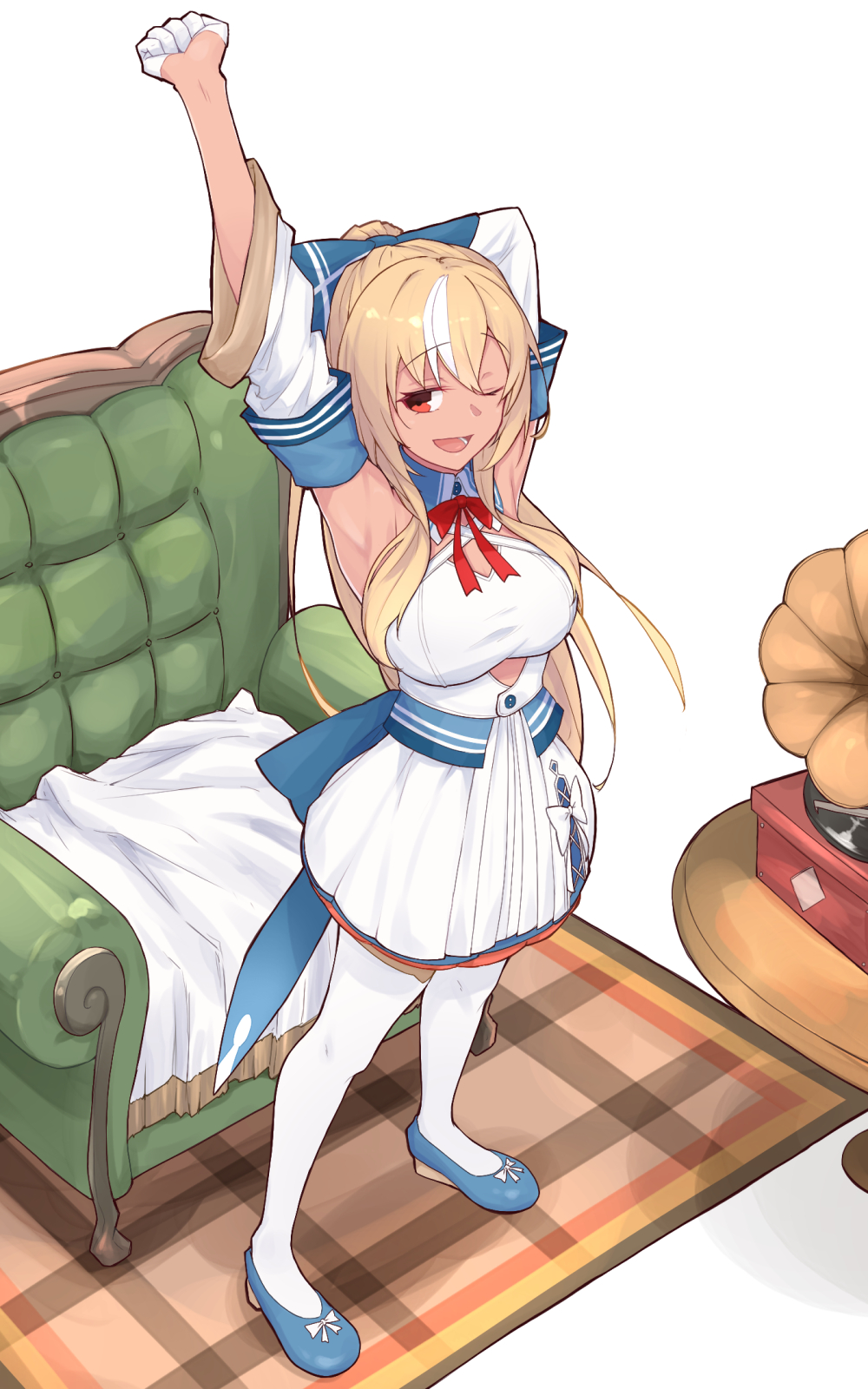 1girl armpits blonde_hair bow breasts carpet detached_sleeves dress gloves half_gloves highres hololive large_breasts long_hair matatabiski one_eye_closed open_mouth orange_eyes pantyhose phonograph ponytail red_eyes shiranui_flare smile solo stretching thigh-highs virtual_youtuber white_dress white_legwear