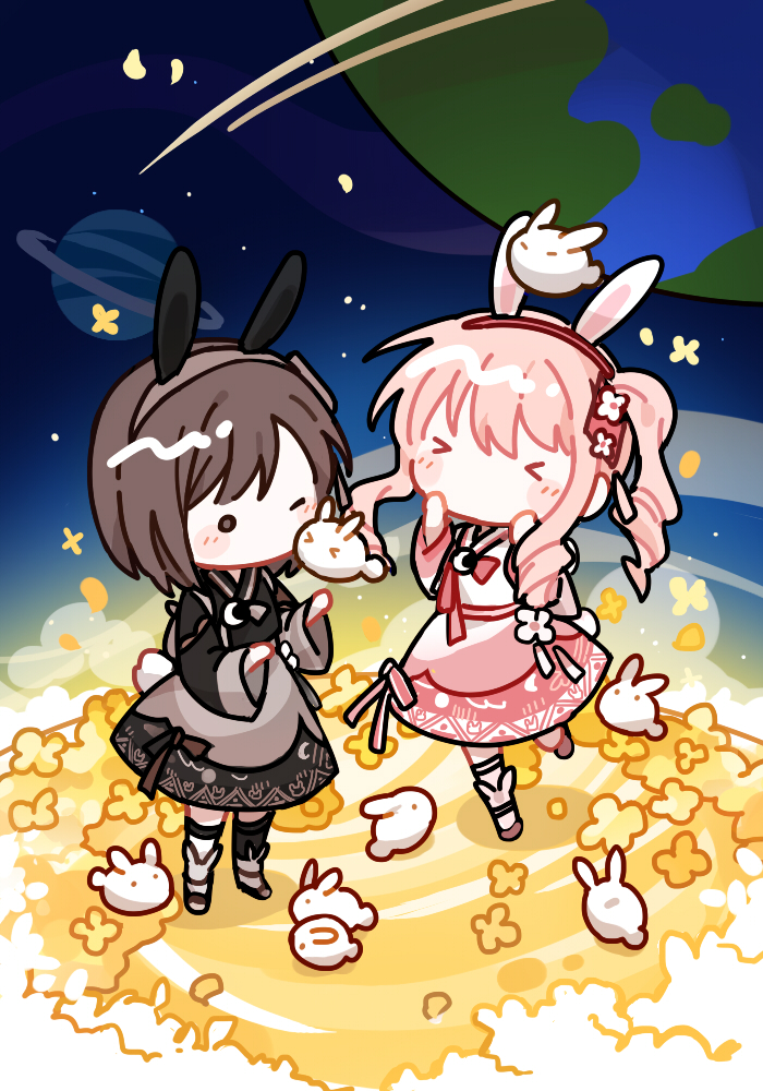 &gt;_&lt; 1girl 1other 2girls akiyama_mizuki animal_ears blush brown_dress brown_hair brown_hanbok chibi dress earth_(planet) hanbok kaesmedubu korean_clothes long_hair moon moon_rabbit multiple_girls no_mouth on_moon one_eye_closed pink_dress pink_hair pink_hanbok planet project_sekai rabbit_ears shinonome_ena shooting_star side_ponytail socks white_socks