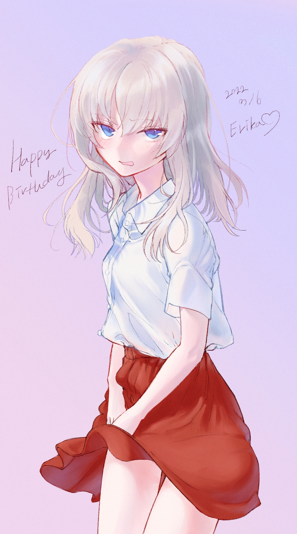 100zi 1girl artist_name bangs blouse blue_eyes blush casual character_name closed_mouth commentary cowboy_shot cursive dated dress_shirt english_text eyebrows_visible_through_hair frown girls_und_panzer gradient_background grey_hair happy_birthday heart highres itsumi_erika long_hair looking_at_viewer medium_hair miniskirt open_mouth purple_background red_skirt shirt short_sleeves signature silver_hair skirt skirt_tug solo standing white_blouse white_shirt wind wind_lift wing_collar