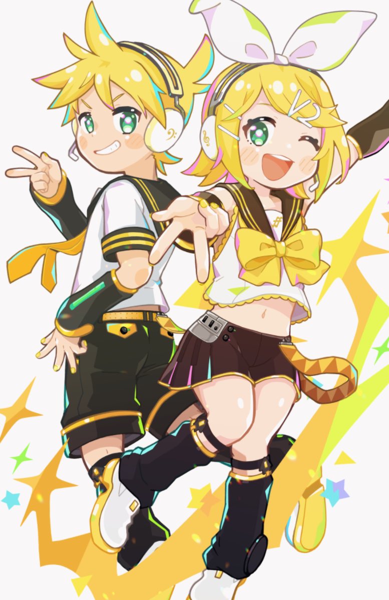 1boy 1girl aqua_eyes black_shorts blonde_hair blue_eyes bow brother_and_sister commentary_request crop_top detached_sleeves full_body hair_bow hair_ornament hair_ribbon hairclip headphones headset highres kagamine_len kagamine_rin korosuke_(kr0sk) leg_warmers looking_at_viewer midriff navel necktie one_eye_closed open_mouth ribbon sailor_collar shirt short_hair short_sleeves shorts siblings skirt sleeveless sleeveless_shirt smile spiked_hair teeth treble_clef twins upper_teeth v vocaloid white_bow white_shirt yellow_neckwear