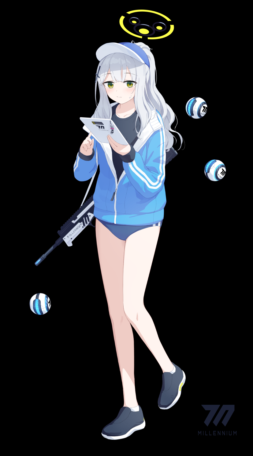 1girl angel blue_archive blue_sweater drone full_body green_eyes gun gym_uniform hare_(blue_archive) hat highres hk416_(girls_frontline) holding jacket long_hair reading rifle socks solo sweater swimsuit transparent_background weapon white_hair white_socks