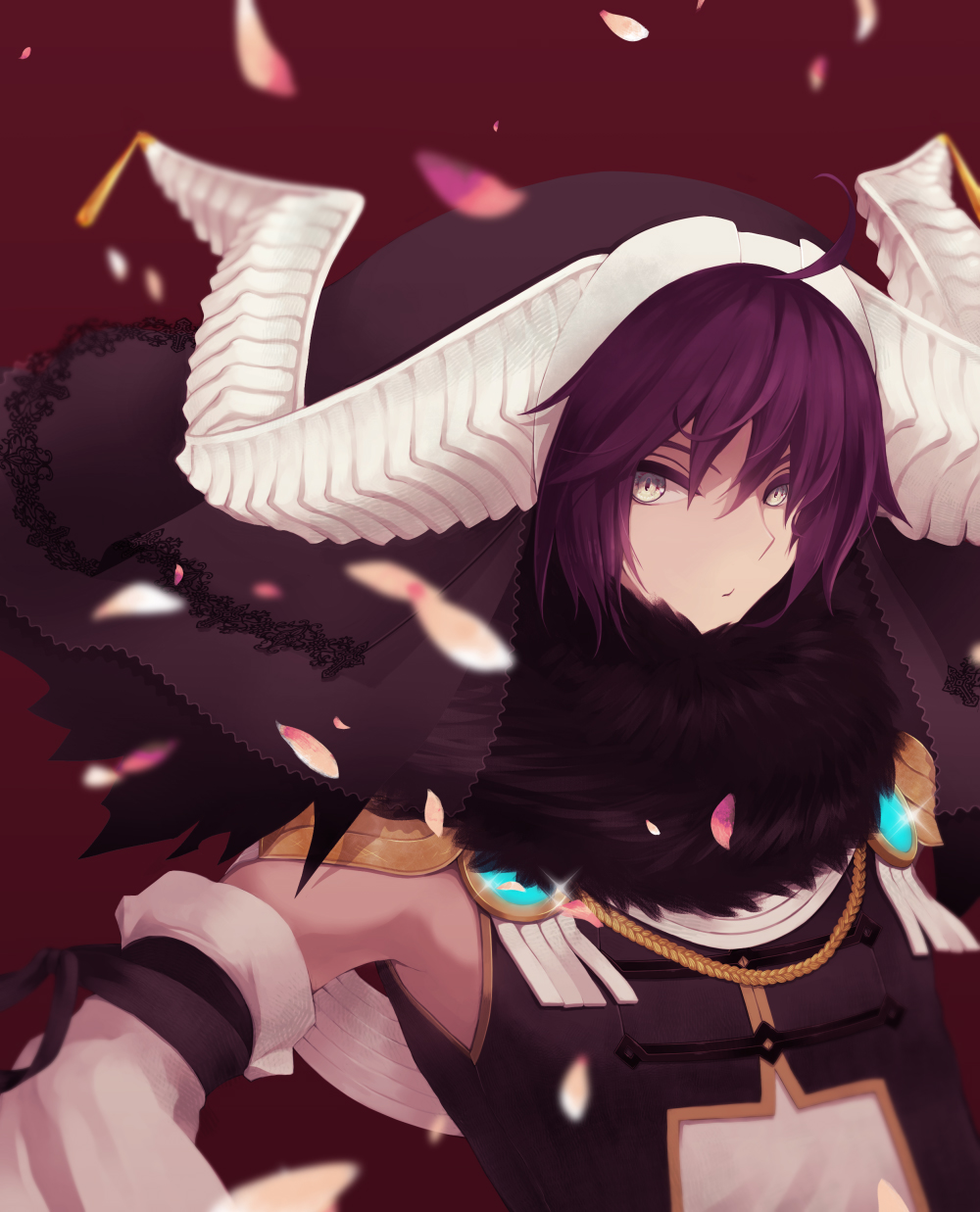 1boy bangs black_shirt closed_mouth commentary_request detached_sleeves expressionless falling_petals fur_collar grey_eyes hair_between_eyes highres horns looking_at_viewer male_focus omanjuu_(tamppcn) petals purple_hair ragnarok_online red_background shirt solo sorcerer_(ragnarok_online) tassel upper_body white_horns white_sleeves