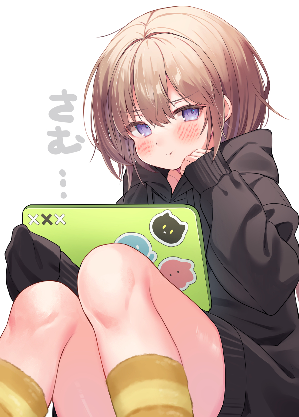 1girl :t bangs beniko_(ymdbnk) black_hoodie blush brown_hair brown_socks closed_mouth commentary_request convenient_leg drawstring eyebrows_visible_through_hair feet_out_of_frame hair_between_eyes highres holding hood hood_down hoodie knees_up looking_at_viewer original pout purple_eyes simple_background socks solo striped striped_socks tablet_pc translation_request violet_eyes white_background