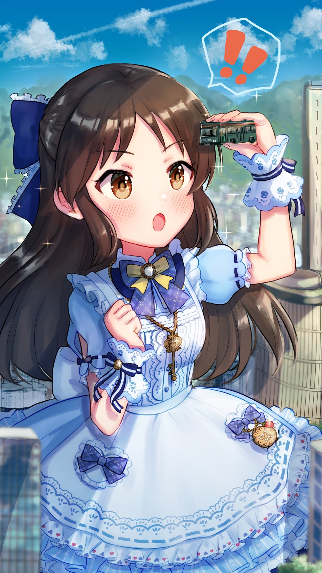 ! !! 1girl blue_bow blue_dress blue_sky blush bow brown_eyes brown_hair building bus city clouds commission day dress frilled_bow frills giant giantess ground_vehicle hair_bow highres holding idolmaster idolmaster_cinderella_girls jewelry key_necklace light_blush long_hair motor_vehicle necklace open_mouth outdoors puffy_short_sleeves puffy_sleeves short_sleeves skeb_commission sky skyscraper solo spoken_exclamation_mark surprised tachibana_arisu toririririre wrist_cuffs