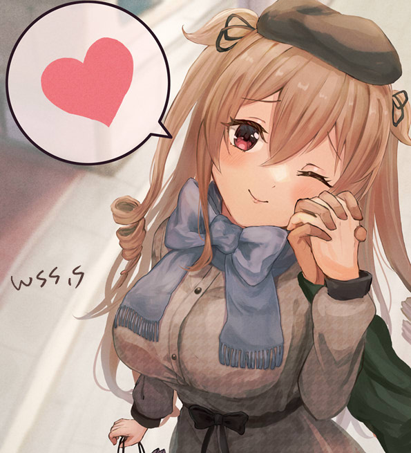 1girl artist_name beret black_headwear blue_scarf blush breasts closed_mouth commission hair_between_eyes hair_flaps hat heart kantai_collection large_breasts light_brown_hair long_hair long_sleeves looking_at_viewer murasame_(kancolle) murasame_(kantai_collection) murasame_kai_ni_(kancolle) one_eye_closed red_eyes remodel_(kantai_collection) scarf signature skeb_commission smile solo spoken_heart two_side_up upper_body wss_(nicoseiga19993411)