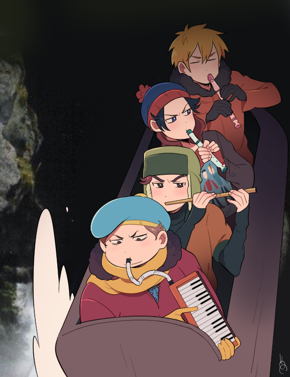 4boys beanie black_gloves blonde_hair brown_eyes brown_hair coat eric_cartman fat flute gloves hat instrument kenny_mccormick kyle_broflovski log_flume male_focus morphin_e multiple_boys photo-referenced recorder sleeves_past_wrists south_park stan_marsh water winter_clothes winter_coat