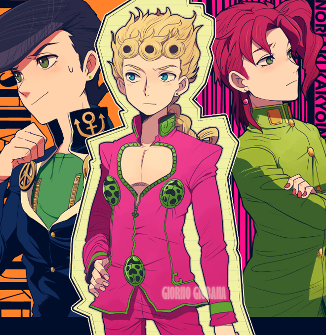 3boys anchor_symbol black_hair blonde_hair blue_eyes braid character_name crossed_arms diamond_wa_kudakenai double_bun earrings gakuran giorno_giovanna green_eyes hand_on_hip higashikata_josuke jewelry jojo_no_kimyou_na_bouken kakyoin_noriaki laphy male_focus multiple_boys peace_symbol pin pompadour red_nails redhead school_uniform single_braid stardust_crusaders stud_earrings sweatdrop vento_aureo zipper