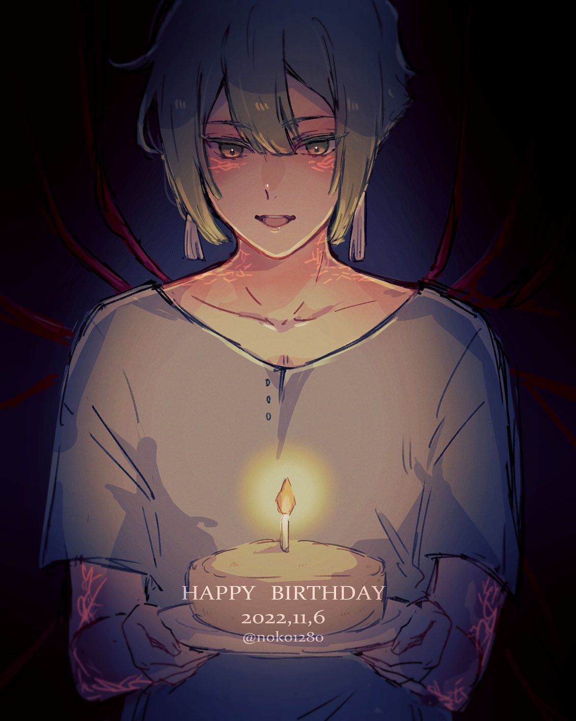 1boy artist_name birthday birthday_cake cake candle dated earrings elan_ceres food green_eyes green_hair gundam gundam_suisei_no_majo highres holding holding_cake holding_food jewelry male_focus mobile_suit_gundam noko_(noko1280) shirt short_hair spoilers