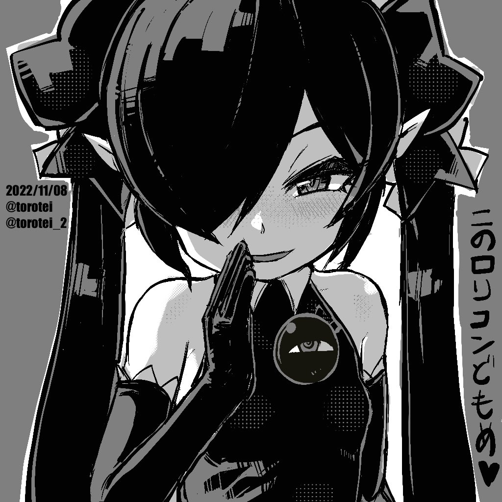 1girl artist_name backbeako backbeard blush breasts calling commentary_request dated dress elbow_gloves gegege_no_kitarou gloves greyscale gun hair_over_one_eye hair_ribbon half-closed_eye hand_to_own_mouth kono_lolicon_domome long_hair looking_at_viewer monochrome original pointy_ears ribbon simple_background sleeveless sleeveless_dress small_breasts smile smirk solo torotei twintails twitter_username upper_body weapon