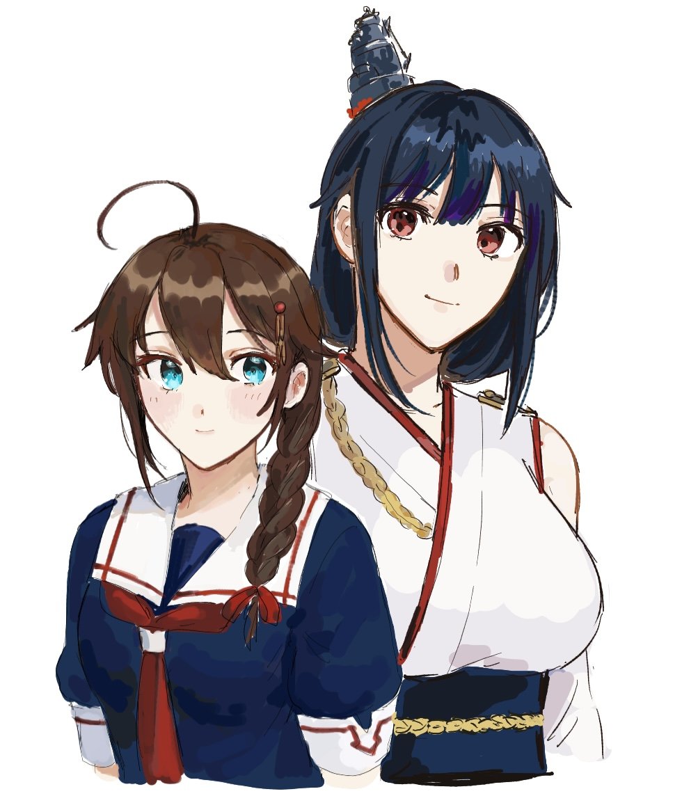 2girls ahoge aqua_eyes bangs black_hair black_serafuku blue_eyes braid breasts brown_hair commentary_request detached_sleeves gradient gradient_background hair_between_eyes hair_flaps hair_ornament hair_over_shoulder headgear japanese_clothes kantai_collection large_breasts long_hair multiple_girls neckerchief nidou nontraditional_miko red_eyes red_neckerchief remodel_(kantai_collection) sailor_collar school_uniform serafuku shigure_(kancolle) shigure_(kantai_collection) shigure_kai_ni_(kancolle) short_hair short_sleeves simple_background single_braid smile upper_body white_background white_sailor_collar yamashiro_(kancolle) yamashiro_(kantai_collection)