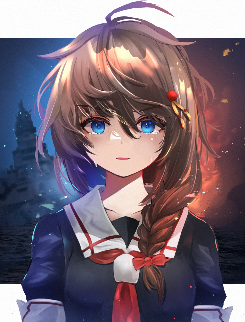 1girl ahoge black_serafuku blue_eyes braid brown_hair crying crying_with_eyes_open hair_between_eyes hair_flaps hair_ornament hair_over_shoulder highres kantai_collection long_hair looking_at_viewer neckerchief o-sirius open_mouth red_neckerchief red_neckwear remodel_(kantai_collection) school_uniform serafuku shigure_(kancolle) shigure_(kantai_collection) shigure_kai_ni_(kancolle) short_sleeves single_braid solo tears upper_body