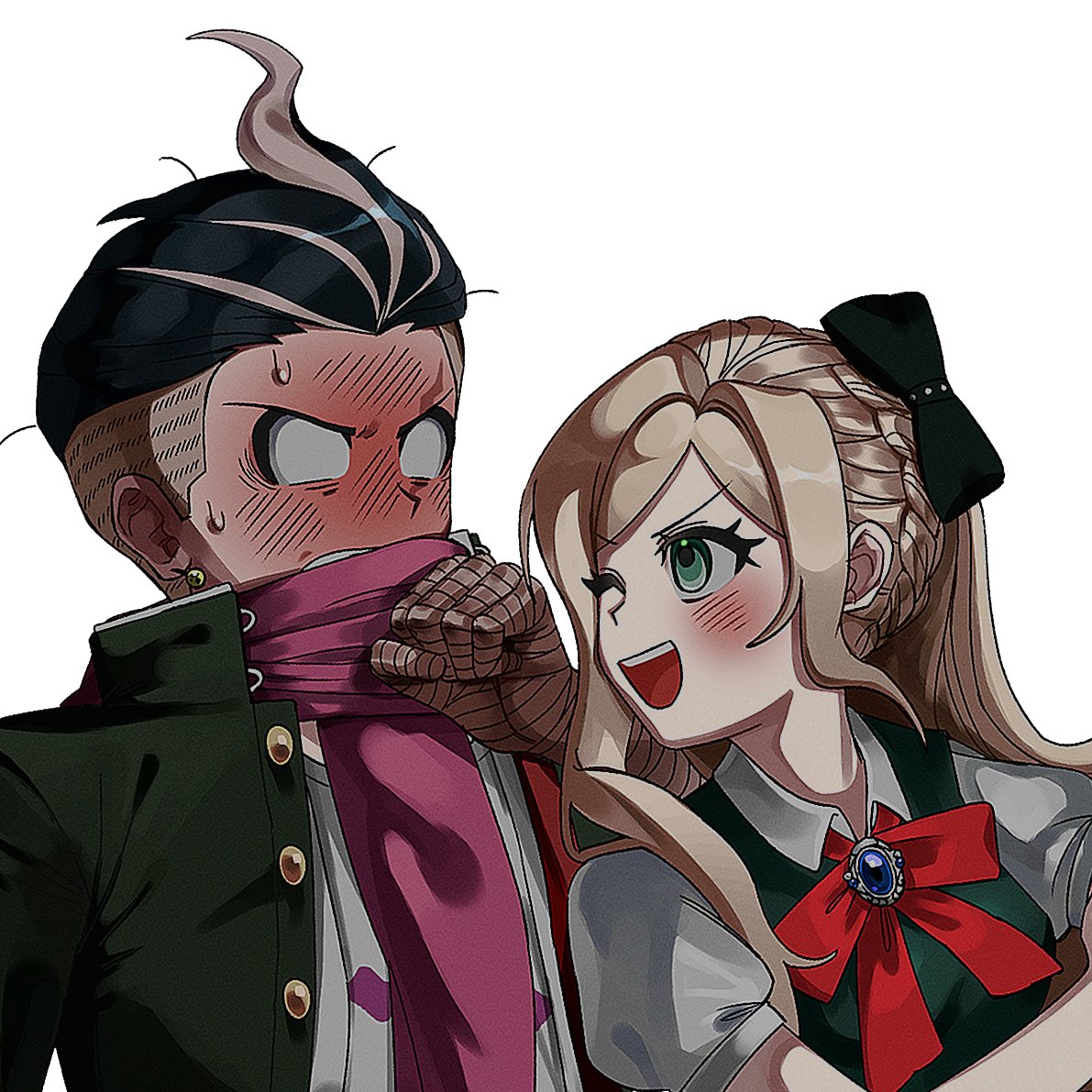 1boy 1girl :d bangs black_bow black_hair black_jacket blush bow bowtie braid commentary_request danganronpa_(series) danganronpa_2:_goodbye_despair dress earrings gem green_dress grey_hair grey_shirt hair_bow jacket jewelry jilong_(eksrks99) long_hair looking_at_another multicolored_hair open_clothes open_jacket open_mouth pink_scarf puffy_short_sleeves puffy_sleeves red_bow red_bowtie scarf shirt short_sleeves simple_background smile sonia_nevermind sweat tanaka_gandamu teeth two-tone_hair upper_body upper_teeth white_background