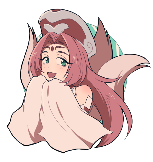 1girl facial_mark gradient gradient_background green_eyes hat houshin_engi long_eyelashes long_hair morphin_e multiple_tails open_mouth pink_hair smile so_dakki solo tail upper_body