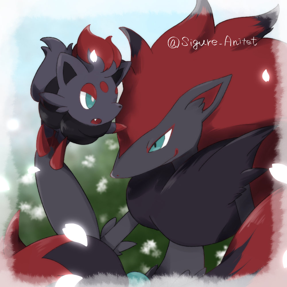 border claws closed_mouth commentary_request fang green_eyes hand_up holding holding_pokemon no_humans open_mouth pokemon pokemon_(creature) shigure_rin smile watermark zoroark zorua