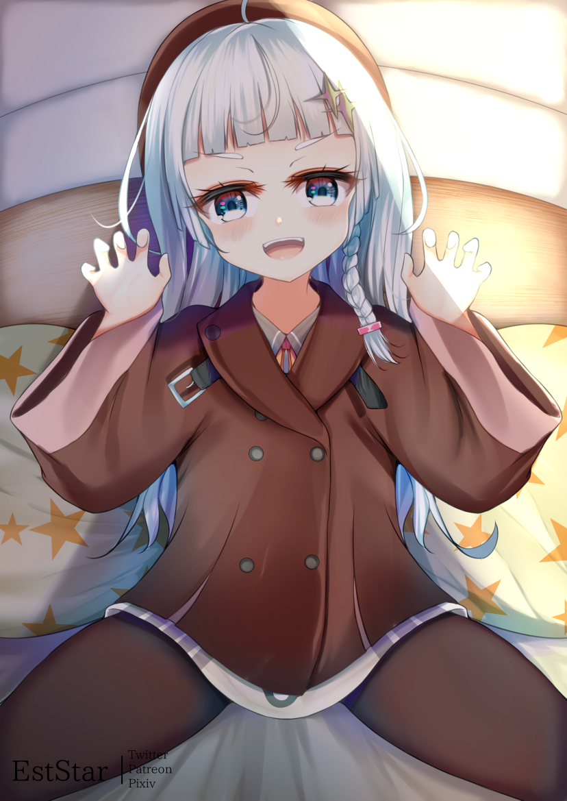 1girl :d a.i._voice ahoge aties20 bangs beret blue_eyes blunt_bangs braid brown_coat brown_headwear brown_pantyhose claw_pose coat collared_shirt commentary_request grey_shirt hair_ornament hands_up hat indoors kizuna_akari kizuna_akari_(tsubomi) long_hair long_sleeves looking_at_viewer neck_ribbon on_bed open_mouth pantyhose pillow print_pillow red_ribbon ribbon shirt single_braid smile solo spread_legs star_(symbol) star_hair_ornament star_print thick_eyebrows very_long_hair vocaloid voiceroid white_hair wide_sleeves