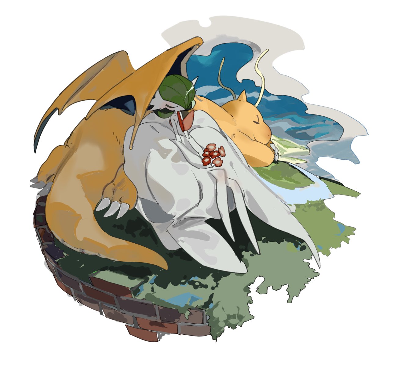 apios1 bob_cut brick_floor claws closed_eyes colored_skin dragonite flower from_above gardevoir grass green_hair highres holding holding_flower lying no_humans on_stomach pokemon pokemon_(creature) simple_background sleeping smile u_u white_background white_skin