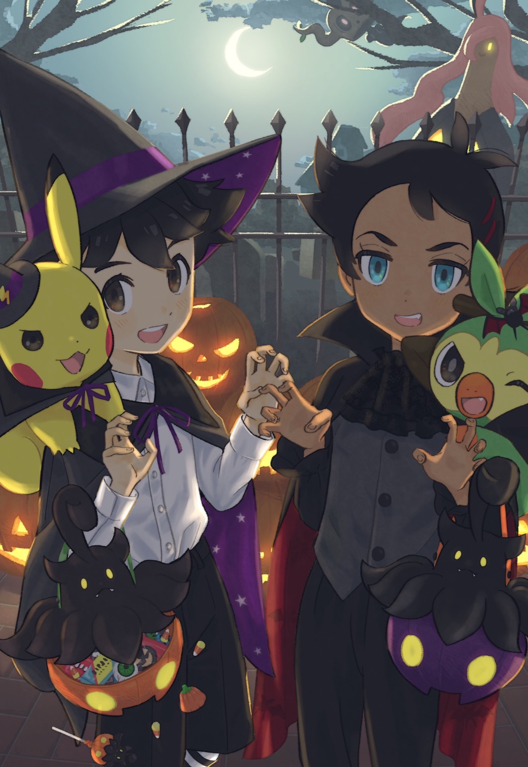 2boys :d ash_ketchum bangs black_cape black_hair black_headwear black_pants blue_eyes blush brown_eyes buttons candy cape claw_pose commentary_request crescent_moon eyelashes fence food full_moon goh_(pokemon) gourgeist grookey halloween halloween_costume hands_up hat highres jack-o'-lantern lollipop male_focus minato_(mntnm) moon multiple_boys night open_mouth outdoors pants phantump pikachu pokemon pokemon_(anime) pokemon_(creature) pokemon_journeys pumpkaboo shirt short_hair sky smile standing teeth tongue upper_teeth white_shirt wizard_hat