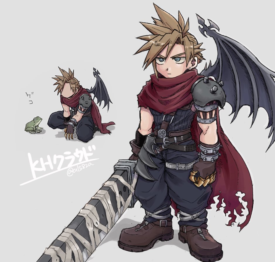 1boy als8za armor baggy_pants bandages blonde_hair blue_pants blue_shirt boots brown_footwear buster_sword cape character_name clawed_gauntlets cloud_strife demon_wings earrings final_fantasy final_fantasy_vii frog full_body gloves gradient gradient_background grey_background grey_eyes holding holding_sword holding_weapon jewelry kingdom_hearts kneeling male_focus multiple_views official_alternate_costume pants red_cape scarf shirt short_hair shoulder_armor single_earring single_wing spiked_hair spiky_hair standing sword toned toned_male twitter_username weapon wings