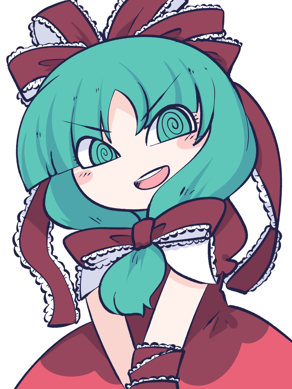 1girl @_@ blush_stickers bow dress fried_rice0614 frilled_bow frilled_ribbon frills front_ponytail gradient gradient_background green_eyes green_hair hair_bow hair_ribbon highres kagiyama_hina long_hair looking_at_viewer one-hour_drawing_challenge open_mouth red_bow red_dress red_ribbon ribbon short_sleeves simple_background smile solo touhou upper_body white_background