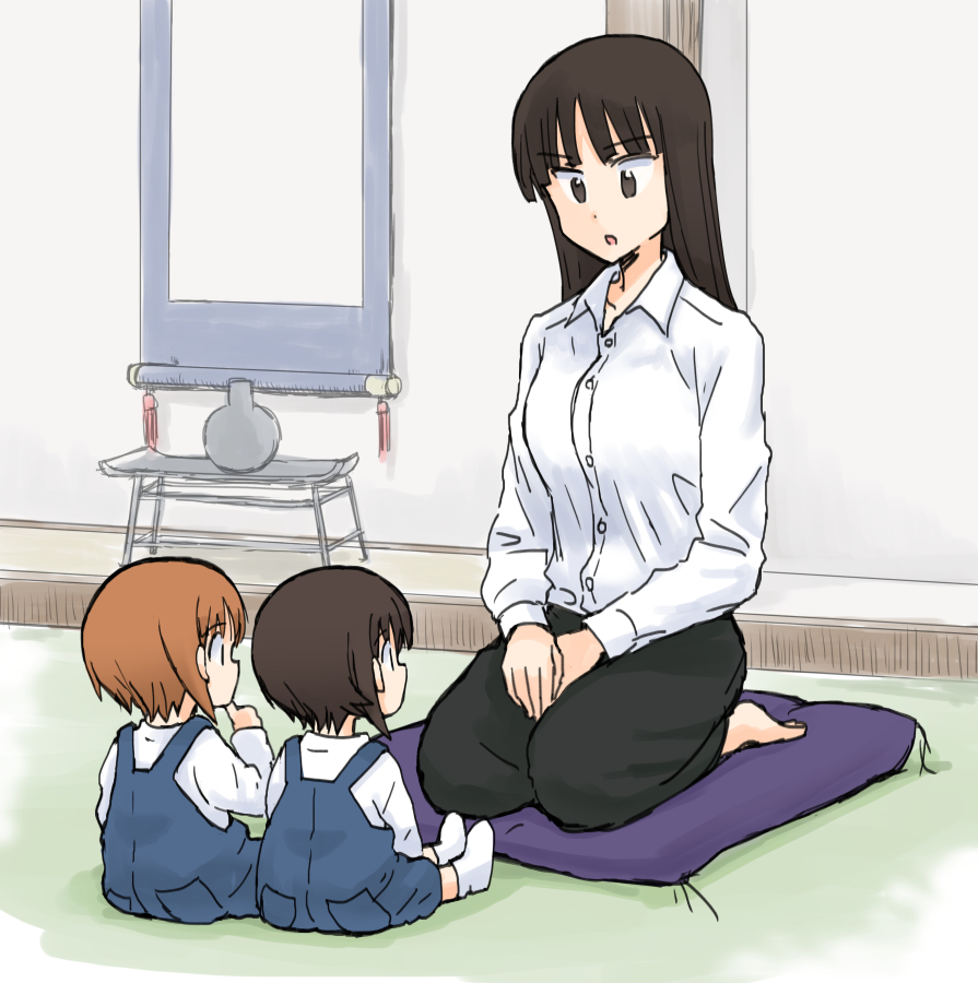 3girls aged_down bangs barefoot black_eyes black_hair black_pants blue_overalls blunt_bangs brown_hair commentary cushion dress_shirt girls_und_panzer hands_on_lap hanging_scroll indoors long_hair long_sleeves mother_and_daughter multiple_girls mutsu_(layergreen) nishizumi_maho nishizumi_miho nishizumi_shiho open_mouth overalls pants scroll seiza shirt short_hair siblings sisters sitting socks straight_hair white_shirt white_socks wing_collar zabuton