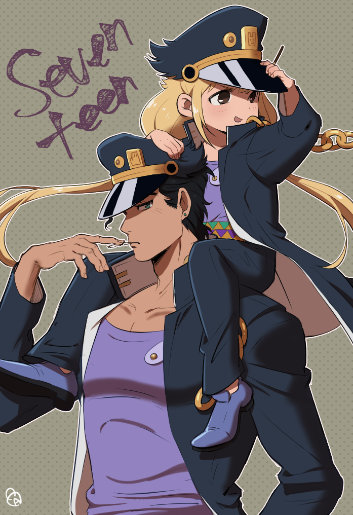 1boy 1girl black_coat black_hair black_headwear blonde_hair brown_eyes carrying chain cigarette coat cosplay crossover earrings food futaba_anzu gakuran green_eyes hat idolmaster idolmaster_cinderella_girls jewelry jojo_no_kimyou_na_bouken kujo_jotaro kujo_jotaro_(cosplay) morphin_e pocky school_uniform shoulder_carry size_difference stardust_crusaders stud_earrings trait_connection