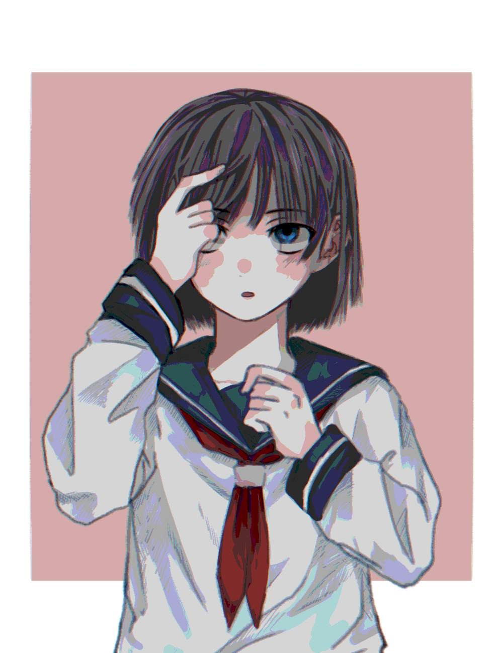 1girl bangs blue_eyes blue_sailor_collar blush border brown_hair commentary_request flat_chest hands_up highres long_sleeves looking_up neckerchief one_eye_closed original outside_border playing_with_own_hair poko_ta red_background red_neckerchief sailor_collar school_uniform serafuku shirt short_hair sidelocks simple_background solo straight-on upper_body white_border white_shirt wiping_tears