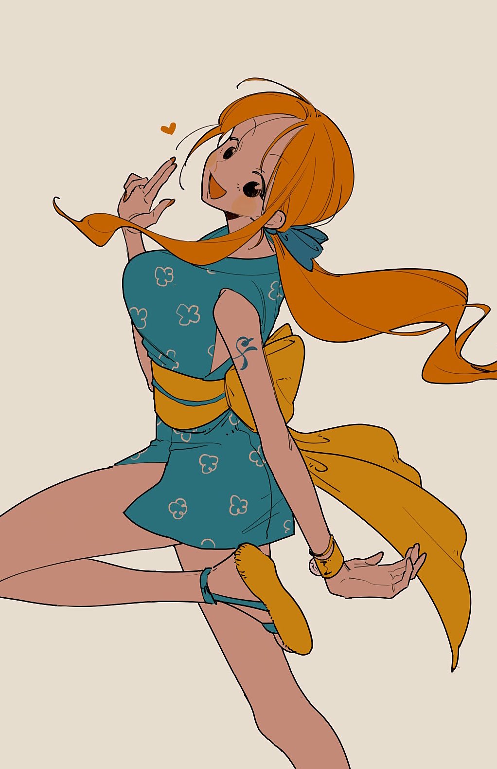 1girl bare_legs bare_shoulders blue_kimono bow bracelet breasts gradient gradient_background hair_bow heart highres japanese_clothes jewelry kimono large_breasts long_hair looking_at_viewer nami_(one_piece) numata_(oioioioiai) one_piece open_mouth orange_hair ponytail sandals short_kimono shoulder_tattoo simple_background sleeveless sleeveless_kimono smile solo tattoo