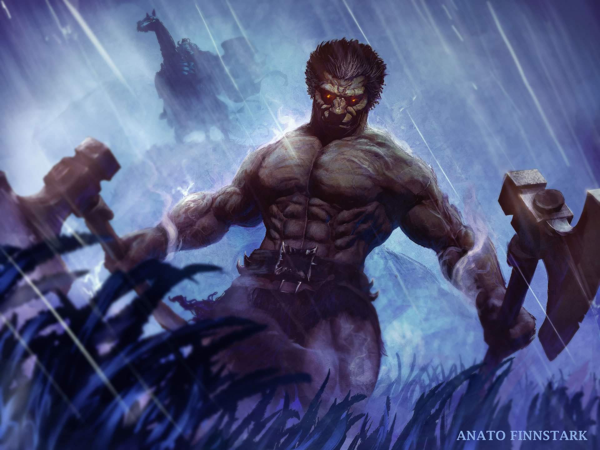 1boy 2boys abs anato_finnstark artist_name axe berserk commentary english_commentary glowing glowing_eyes grass highres holding holding_axe holding_weapon horse horseback_riding looking_at_viewer male_focus multiple_boys muscle muscular muscular_male on_grass outdoors rain red_eyes riding shirtless short_hair skeleton skull_knight_(berserk) spiky_hair topless topless_male veins weapon zodd_(berserk)
