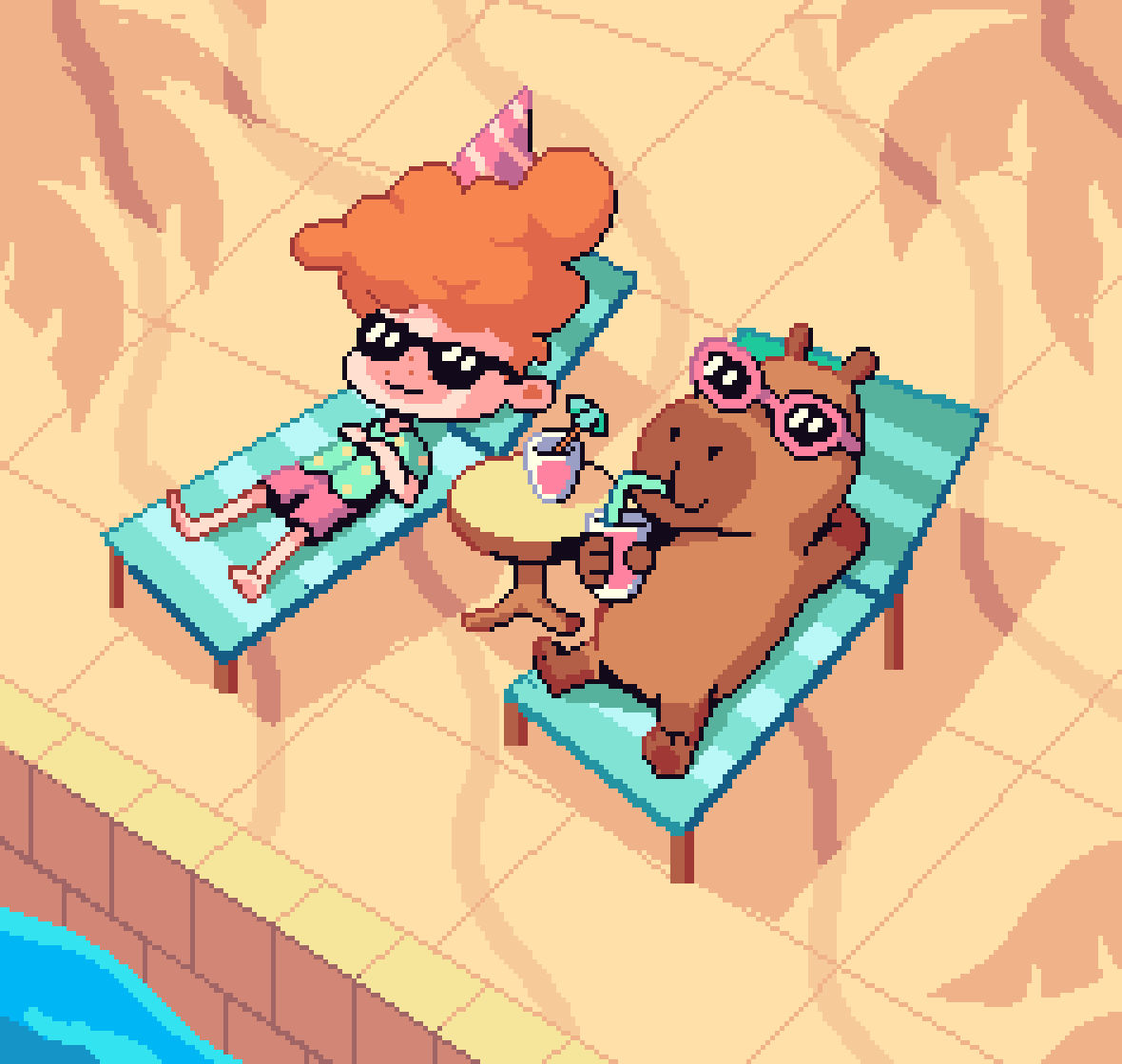 1boy barefoot brown_fur capybara closed_mouth cup day drinking_straw_in_mouth english_commentary freckles full_body green_shirt hands_on_own_chest holding holding_cup orange_hair original outdoors pink-framed_eyewear pink_shorts pixel_art shadow shirt short_sleeves shorts sunbathing sunglasses tofupixel