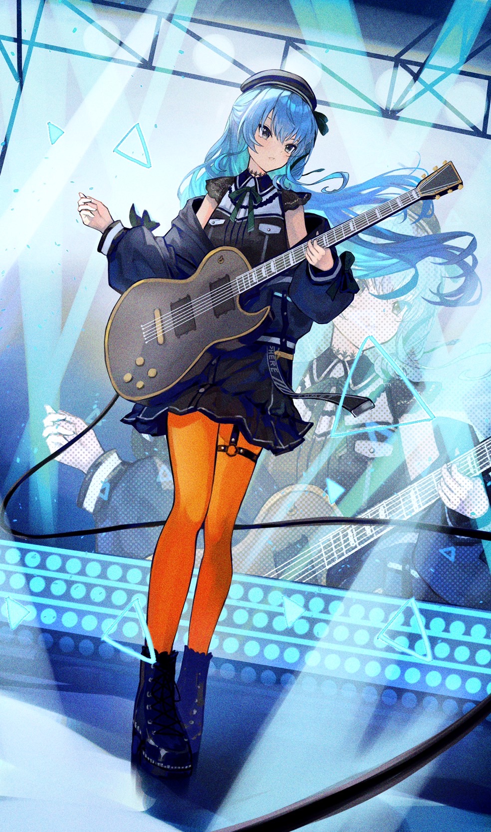 1girl beret black_skirt blue_eyes blue_hair cable closed_mouth electric_guitar full_body green_ribbon guitar hat highres holding holding_instrument hololive hoshimachi_suisei instrument jacket lights long_hair music neck_ribbon o-ring off_shoulder orange_pantyhose pantyhose playing_instrument ribbon shirt skirt sleeveless sleeveless_shirt solo stage standing virtual_youtuber xyunx