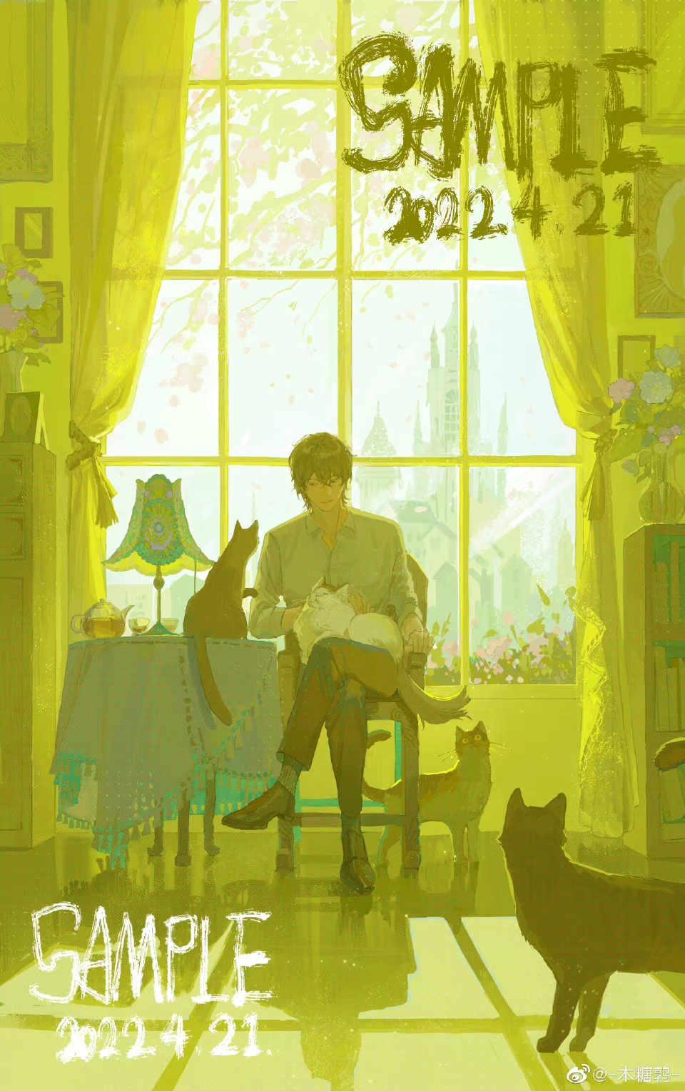 1boy animal_on_lap bangs black_hair brown_eyes brown_footwear brown_pants cat cat_on_lap cathedral chair cherry_blossoms chinese_commentary clear_sky commentary_request crossed_legs cup curtains flower highres indoors klein_moretti lamp lord_of_the_mysteries on_lap pants picture_(object) sample_watermark shadow shirt short_hair sitting sky smile table tablecloth tangzhuyan teapot tree vase wardrobe watermark white_shirt window