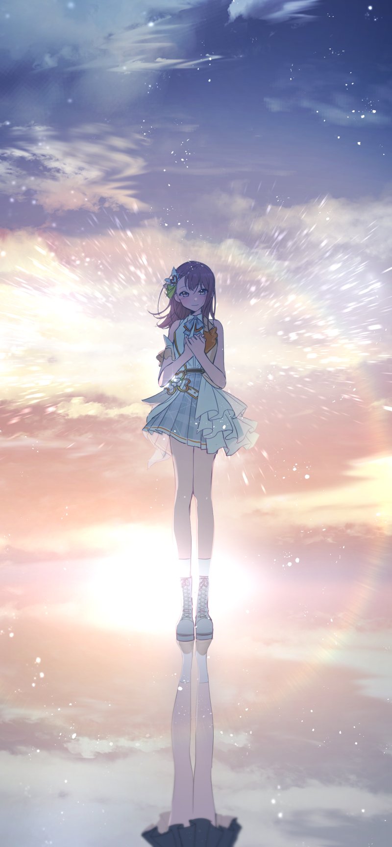 1girl ankle_socks armband bare_arms blue_sky blush brown_footwear brown_hair clouds cloudy_sky cross-laced_footwear different_reflection diffraction_spikes dot_nose evening frilled_armband frills fukkura glint gradient gradient_sky green_ribbon grey_eyes grey_ribbon grey_skirt hair_ornament hair_ribbon half-closed_eyes hanasato_minori hands_on_own_chest heart heart_hair_ornament highres horizon light_particles loafers looking_at_viewer medium_hair miyamasuzaka_girls'_academy_uniform motion_blur neck_ribbon orange_sky outdoors own_hands_together plaid plaid_skirt platform_footwear pleated_skirt project_sekai reflection ribbon school_uniform see-through shoes skirt sky smile socks solo standing sun sunlight sunset waist_cape white_footwear white_socks wide_shot wing_collar wing_hair_ornament