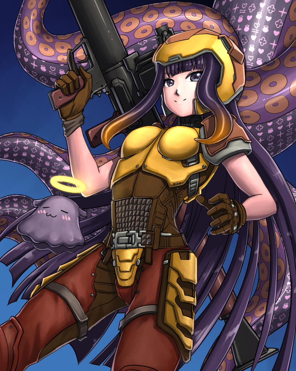 1girl blue_background breasts brown_gloves cosplay gloves halo heart helmet highres holding holding_weapon long_hair ninomae_ina'nis quake ranger_(quake) rocket_launcher rpg short_sleeves smile solo substance20 tentacles virtual_youtuber weapon yellow_armor