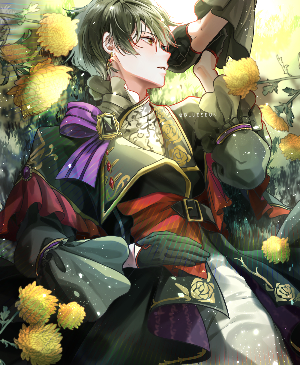 1boy aqua_eyes belt black_belt black_capelet black_coat black_gloves black_hair blueseun brooch capelet chrysanthemum coat commentary cowboy_shot earrings ensemble_stars! floral_print flower frilled_capelet frills glint gloves green_hair hair_between_eyes half_gloves hand_on_own_stomach heterochromia highres holding_hands jewelry kagehira_mika lapels looking_to_the_side lying male_focus on_back on_grass out_of_frame pants purple_ribbon ribbon rose_print shirt short_hair solo twitter_username white_pants white_shirt wide_sleeves yellow_eyes yellow_flower