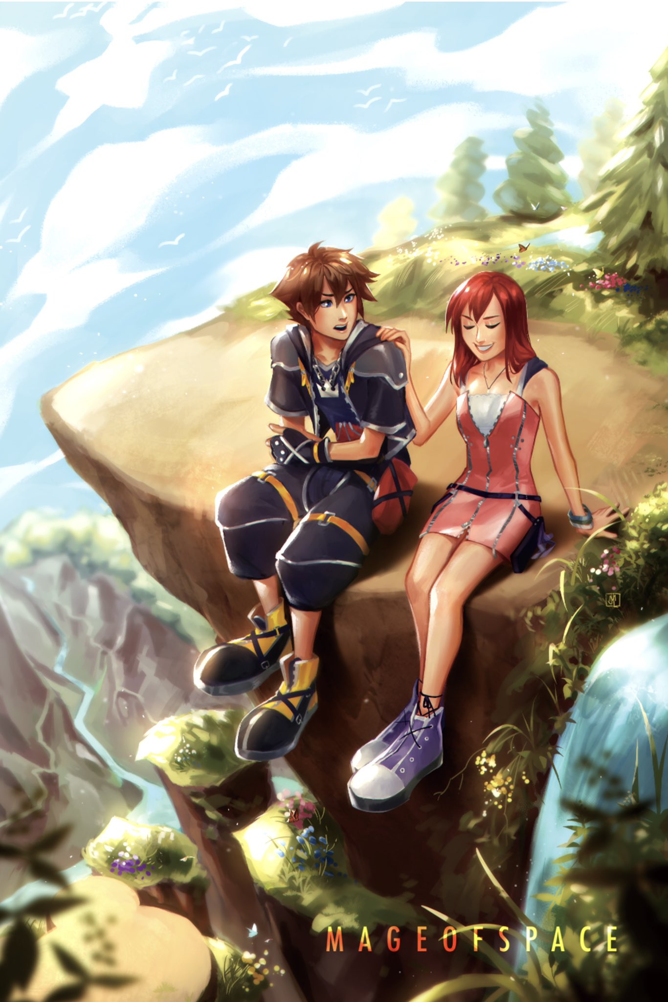 1boy 1girl artist_name bare_shoulders black_gloves breasts brown_hair chain_necklace cliff closed_eyes crossed_arms dress fingerless_gloves flock full_body gloves hair_between_eyes hand_on_another's_shoulder highres jewelry kairi_(kingdom_hearts) kingdom_hearts kingdom_hearts_ii looking_at_another mageofspace medium_hair nature necklace open_mouth outdoors pink_dress redhead short_hair short_sleeves sitting sleeveless sleeveless_dress small_breasts smile sora_(kingdom_hearts) teeth water waterfall wristband
