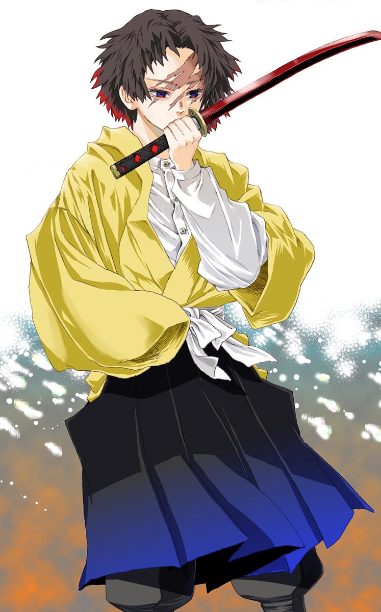 1boy amputee black_hair black_pants blue_eyes blue_hakama colored_tips covered_mouth covering_mouth cowboy_shot hakama hand_over_own_mouth hand_up highres holding holding_sword holding_weapon japanese_clothes kagarigari kagarigari's_demon_slayer katana layered_sleeves long_sleeves male_focus mintiaorion multicolored_hair pants pants_tucked_in puffy_pants red_eyes redhead sash scar scar_across_eye scar_on_face scar_on_forehead shirt short_hair short_over_long_sleeves short_sleeves solo standing streaked_hair sword weapon white_shirt wide_sleeves