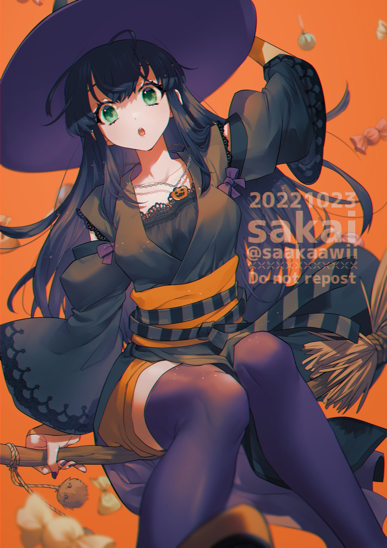 1girl alternate_costume arm_up black_hair breasts broom broom_riding candy dated detached_sleeves female food gensou_suikoden green_eyes hair_ornament halloween halloween_costume hand_on_hat hand_on_headwear happy_halloween hat highres jack-o'-lantern jewelry long_hair looking_at_viewer nail_polish necklace open_mouth pumpkin sakai_(motomei) simple_background solo thigh-highs thighhighs viki_(suikoden) witch_hat