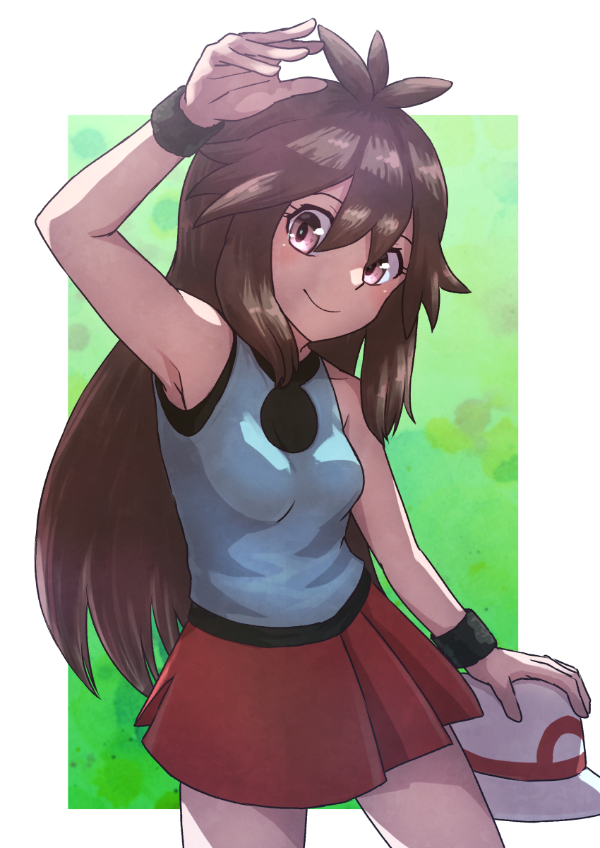 1girl arm_up armpits bangs black_wristband blue_(pokemon) brown_eyes brown_hair cowboy_shot hair_between_eyes hat hat_removed headwear_removed highres holding holding_clothes holding_hat kotobukkii_(yt_lvlv) leaf_(pokemon) long_hair looking_at_viewer pokemon pokemon_(game) pokemon_frlg red_skirt shirt skirt sleeveless sleeveless_shirt smile solo wristband