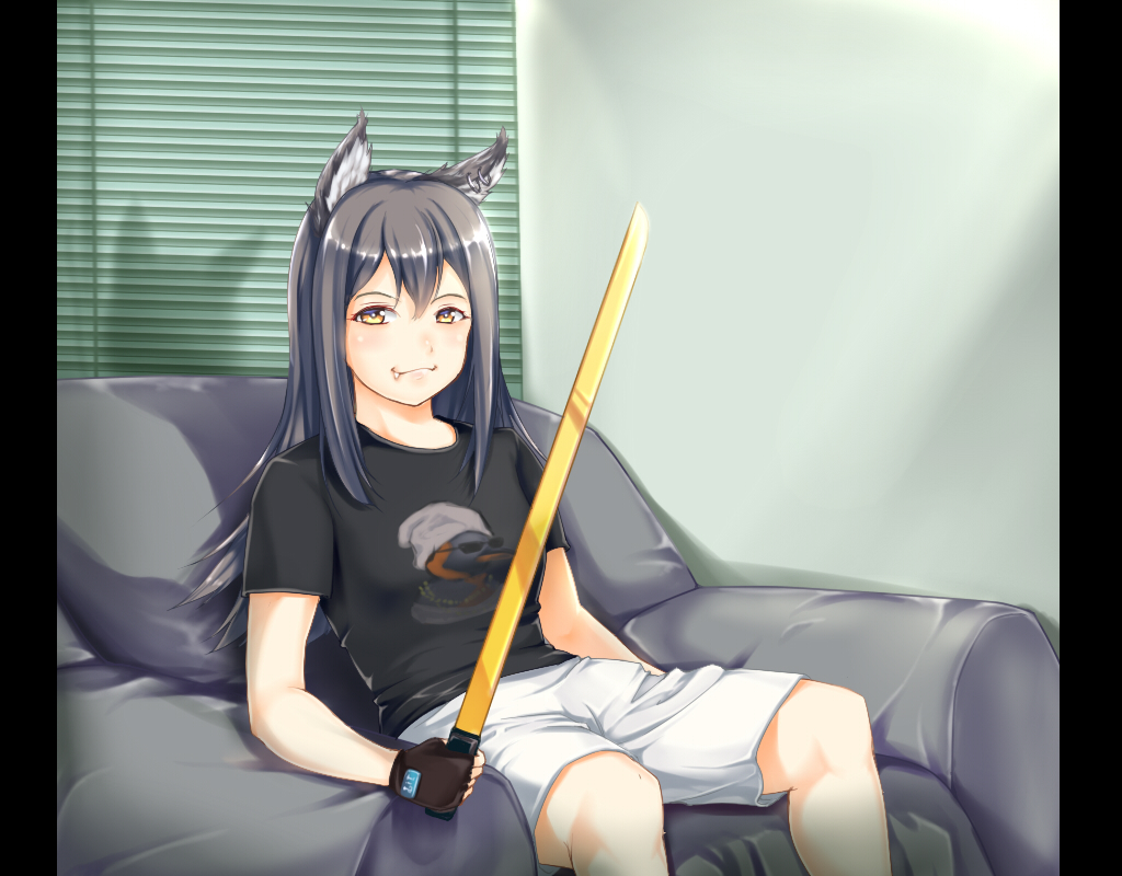 1girl animal_ear_fluff animal_ears arknights bangs black_border black_hair black_shirt blinds blush breasts closed_mouth commentary_request couch fang fang_out feet_out_of_frame hair_between_eyes holding letterboxed long_hair looking_at_viewer manatsu_no_yo_no_inmu medium_breasts meme penguin_logistics_(arknights) pillarboxed rock.fc shirt shorts sitting smile solo t-shirt texas_(arknights) white_shorts wolf_ears wolf_girl yellow_eyes yjsnpi_interview_(meme)