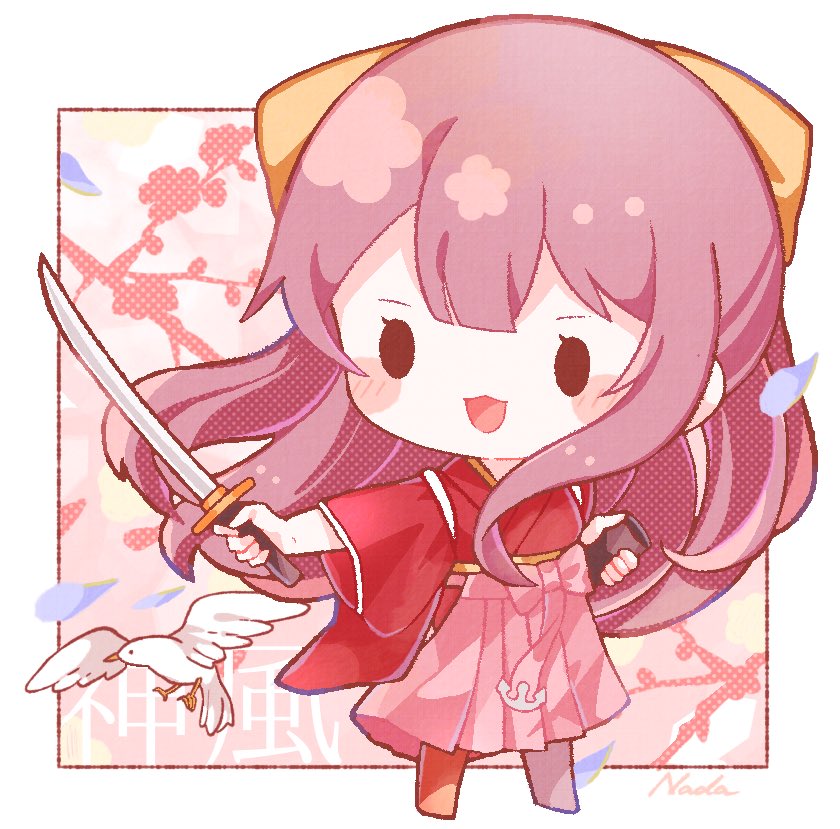 1girl bangs bird blush bow branch character_name chibi commentary full_body hair_bow hakama holding holding_sheath holding_sword holding_weapon japanese_clothes kamikaze_(kancolle) kamikaze_(kantai_collection) kantai_collection kimono long_hair meiji_schoolgirl_uniform nada_namie open_mouth petals pink_hakama red_kimono redhead sheath signature solo sword very_long_hair weapon wide_sleeves yellow_bow