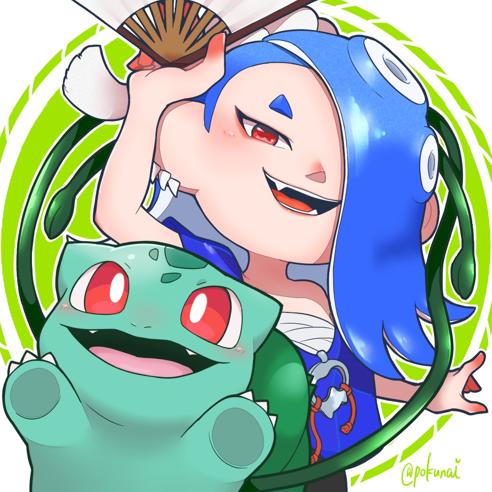 1girl :d arm_up blue_hair bulbasaur cephalopod_eyes chest_sarashi colored_skin company_connection crossover earrings eyeliner fangs folding_fan gradient_skin hachimaki hair_over_one_eye hand_fan headband holding holding_fan horizontal_pupils jewelry long_hair looking_at_viewer makeup multicolored_skin multiple_earrings nejiri_hachimaki nintendo octarian open_mouth pokemon pokemon_(creature) pokunai poncho red_eyeliner red_eyes red_pupils red_skin sarashi see-through shiver_(splatoon) smile splatoon_(series) splatoon_3 suction_cups teeth tentacle_hair twitter_username two-tone_skin