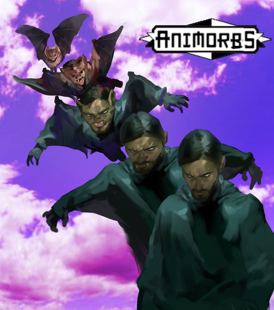 1boy animorphs bat_(animal) black_hair black_hoodie cover facial_hair fake_cover fangs gloves goatee hat hieumay hood hood_down hoodie logo_parody looking_at_viewer male_focus marvel morbius morbius_(film) multiple_boys open_hands parody sequential title_parody transformation vampire