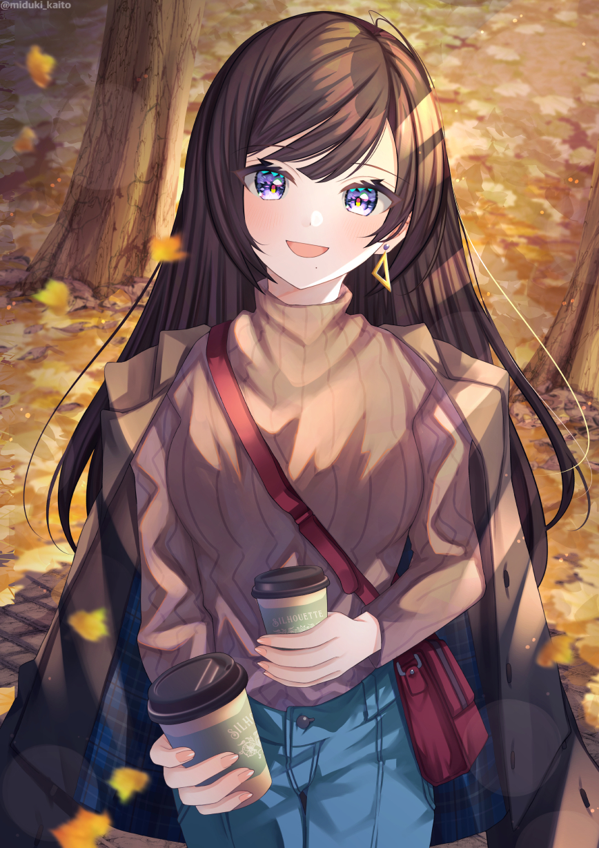 1girl autumn autumn_leaves bag bangs blue_pants blush brown_hair brown_sweater coffee_cup cup denim disposable_cup earrings forest gogat8 handbag hands_up highres holding holding_cup jeans jewelry leaf long_hair looking_at_viewer nature open_mouth original outdoors pants red_bag ribbed_sweater smile solo standing sweater tree turtleneck turtleneck_sweater violet_eyes