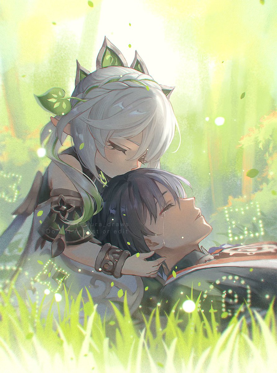 1boy 1girl aura_draws bangle blurry blurry_background bracelet braid closed_eyes closed_mouth detached_sleeves dress english_commentary eyelashes eyeshadow falling_leaves female_child forest genshin_impact grass green_hair hair_ornament highres jewelry kiss lap_pillow leaf leaf_hair_ornament long_hair makeup nahida_(genshin_impact) nature outdoors parted_lips pointy_ears purple_hair red_eyeshadow scaramouche_(genshin_impact) short_hair side_ponytail single_braid tears twitter_username white_dress white_hair