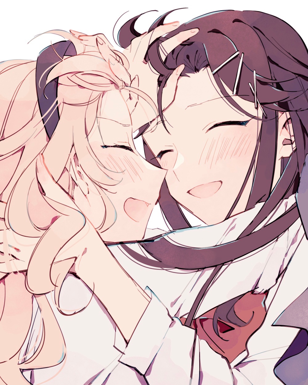 2girls :d arm_up black_hairband blonde_hair blush bow bowtie brown_hair closed_eyes commentary_request detached_sleeves face-to-face facing_another fingernails hair_focus hair_ornament hairband hand_in_another's_hair hand_on_another's_head hand_up highres long_hair long_sleeves multiple_girls open_mouth outstretched_arm profile red_bow red_bowtie ruffling_hair saijou_claudine school_uniform seishou_music_academy_uniform shirt shoujo_kageki_revue_starlight sidelocks simple_background smile tendou_maya upper_body wato_(ko) wavy_hair white_background white_shirt x_hair_ornament yuri