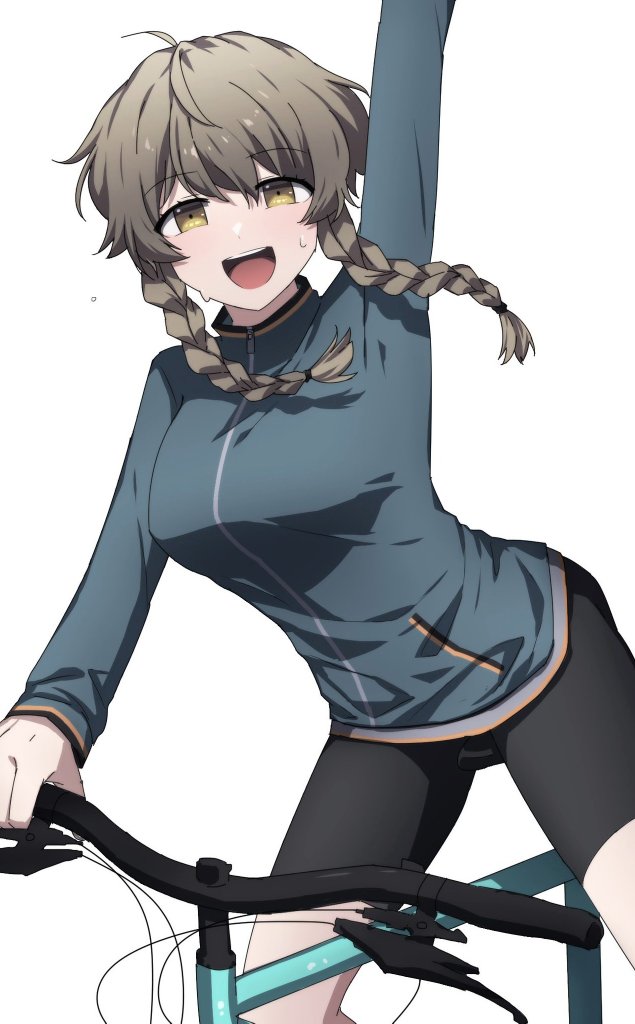 1girl :d amane_suzuha arm_up bangs bicycle bike_shorts black_shorts blue_jacket braid breasts brown_eyes brown_hair ground_vehicle imamiyajet jacket long_hair long_sleeves open_mouth riding riding_bicycle shorts simple_background smile solo steins;gate sweat teeth twin_braids upper_teeth white_background zipper