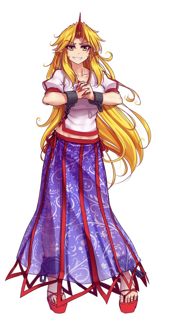 1girl blonde_hair blue_skirt breasts cuffs fingernails full_body grin hater_(hatater) horns hoshiguma_yuugi large_breasts long_fingernails long_hair long_skirt looking_at_viewer mysteries_of_eastern_creatures own_hands_together pointy_ears red_footwear red_horns red_nails russian_commentary see-through see-through_skirt shackles shirt short_sleeves simple_background single_horn skirt smile solo standing touhou white_background white_shirt yellow_eyes